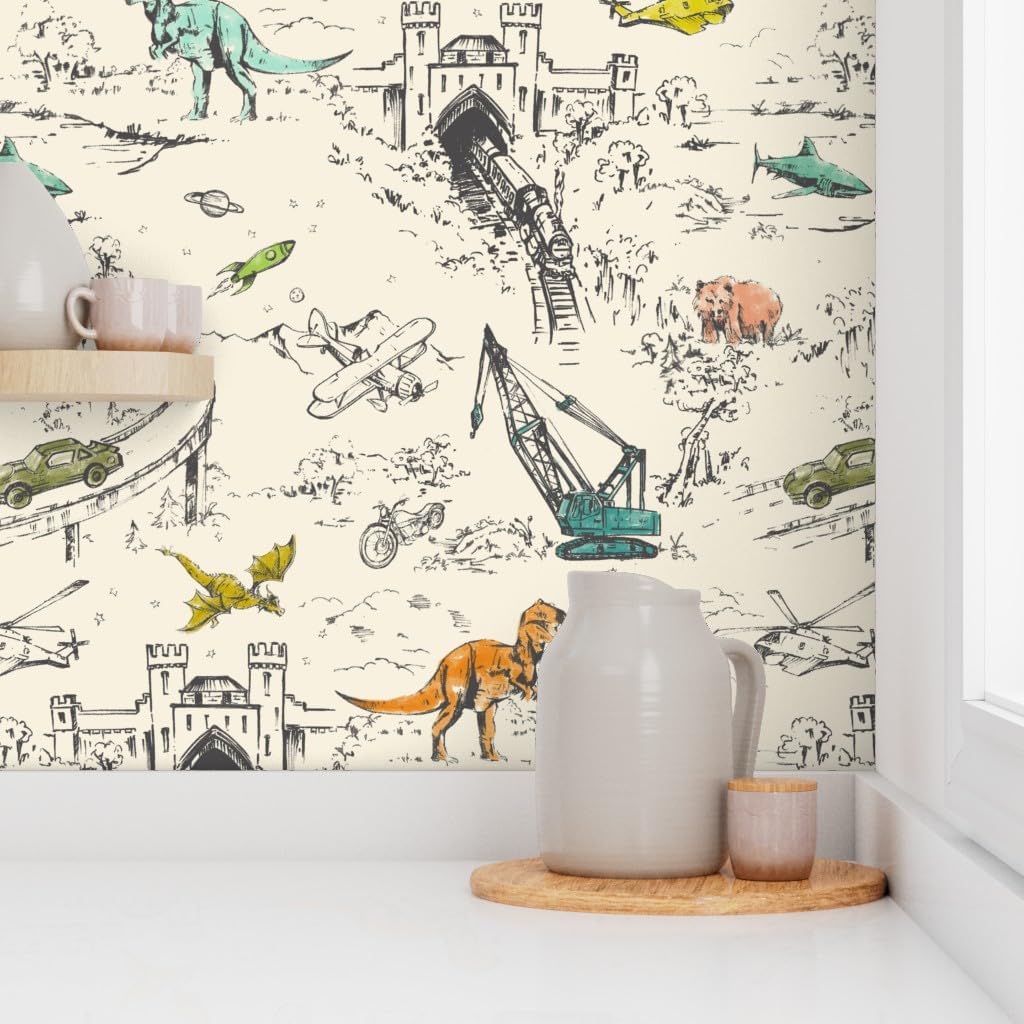 Peel & Stick Wallpaper Swatch - Kids Adventure Dinosaur Helicopter Train Construction Dragon Toile Custom Removable Wallpaper by Spoonflower
