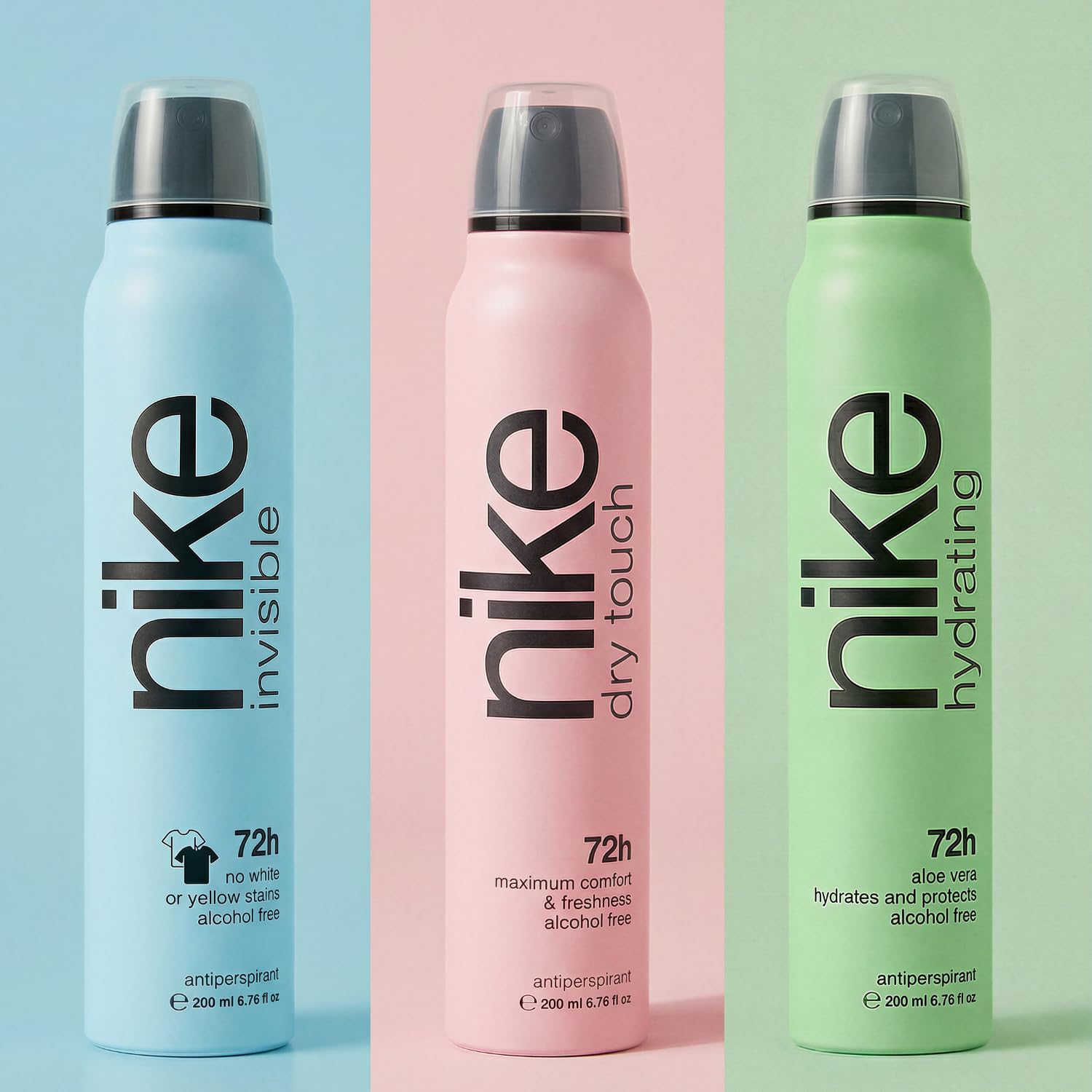 NIKE - Hydrating, Desodorante en Spray Pack 3 x 200 ml, sin Perfume, Unisex, Antitranspirante, Protección Continua, hasta 72h de Eficacia Comprobada, sin Alcohol, Tecnología, Cuidado y Confort