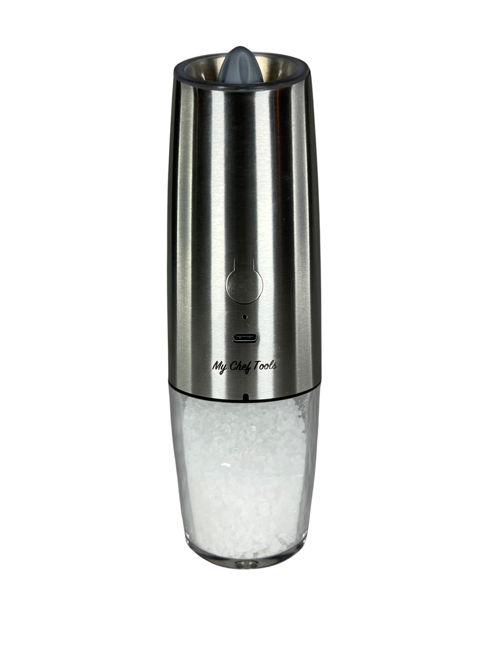 MY CHEF TOOLS Rechargeable Electric Salt and Pepper Grinder Set, Automatic Activation, LED Light, USB-C, 2 Pack, Silver