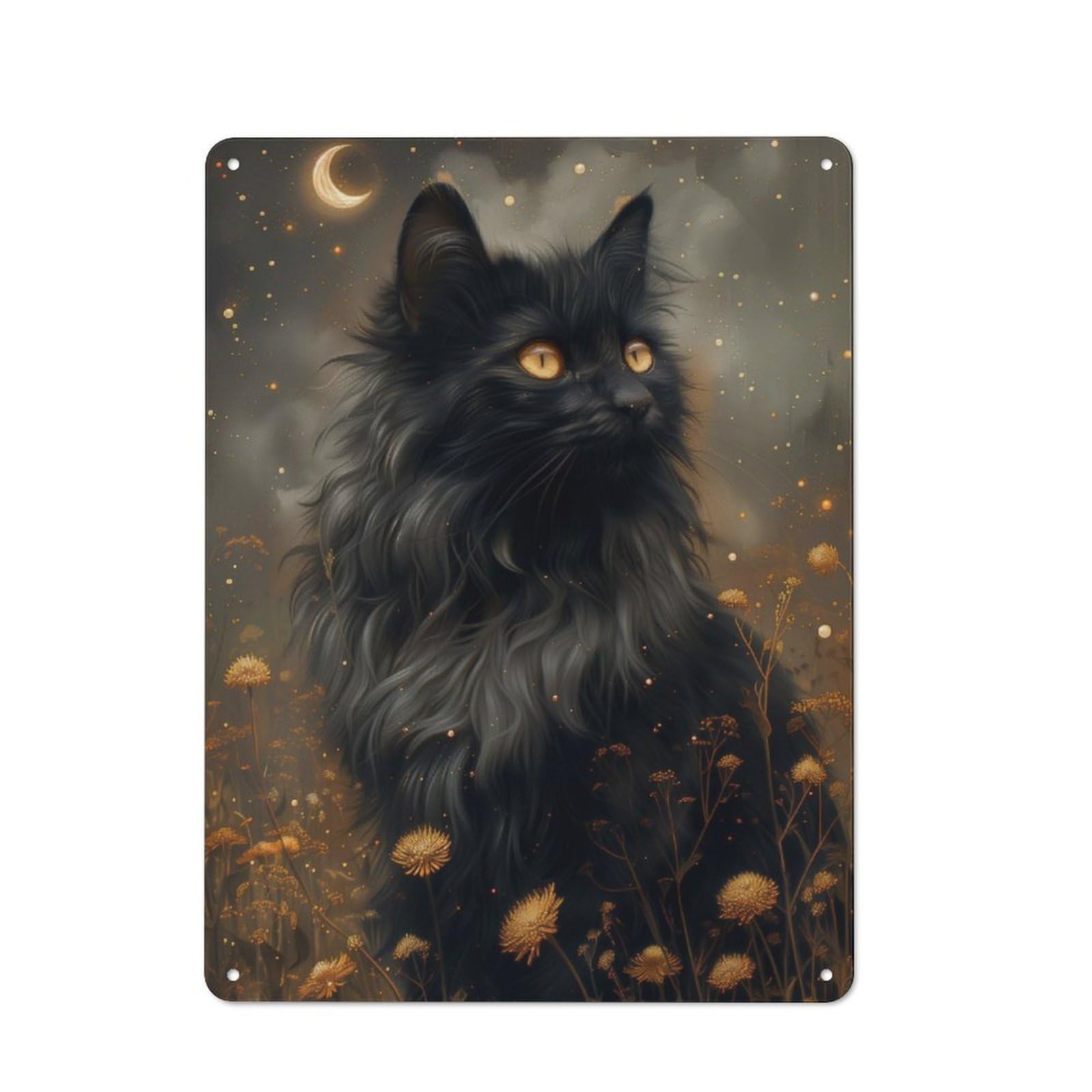 Junmoney Mystic Black Cat And Moon Metal Tin Sign, Clear Colour Print, For Garage, Shed, Workshop Or Hobby Room, 40X30cm