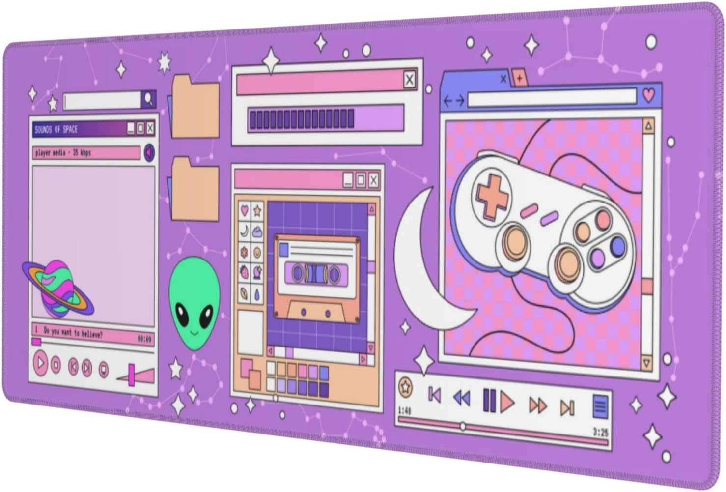 Purple Game Alien 80s 90s Gaming Mouse Pad XL, Large Extended Mousepad Desk Pad, Long Nonslip Rubber Mice Mats Stitched Edges Playmat for Office Home Gamer, 31.5x11.8 Inch