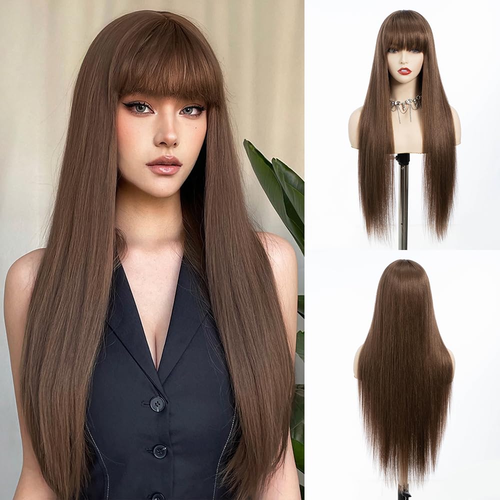 Long Brown Wig with Bangs Long Straight Wigs for Women 30 Inch Synthetic Heat Resistant Wigs for Girls Holiday Festival Chrismas Daily Party Used Natural Looking