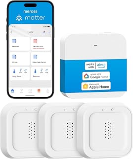 Meross Matter Wassermelder mit Hub MSH450, 0,3 mm Erkennung, 100dB Alarm | Wasserlecksensor WLAN Melder für Küche, Badezimmer, Keller, Sensor & APP & Hub-Alarm, Batterie für 3 Jahre, Echtzeit-Push