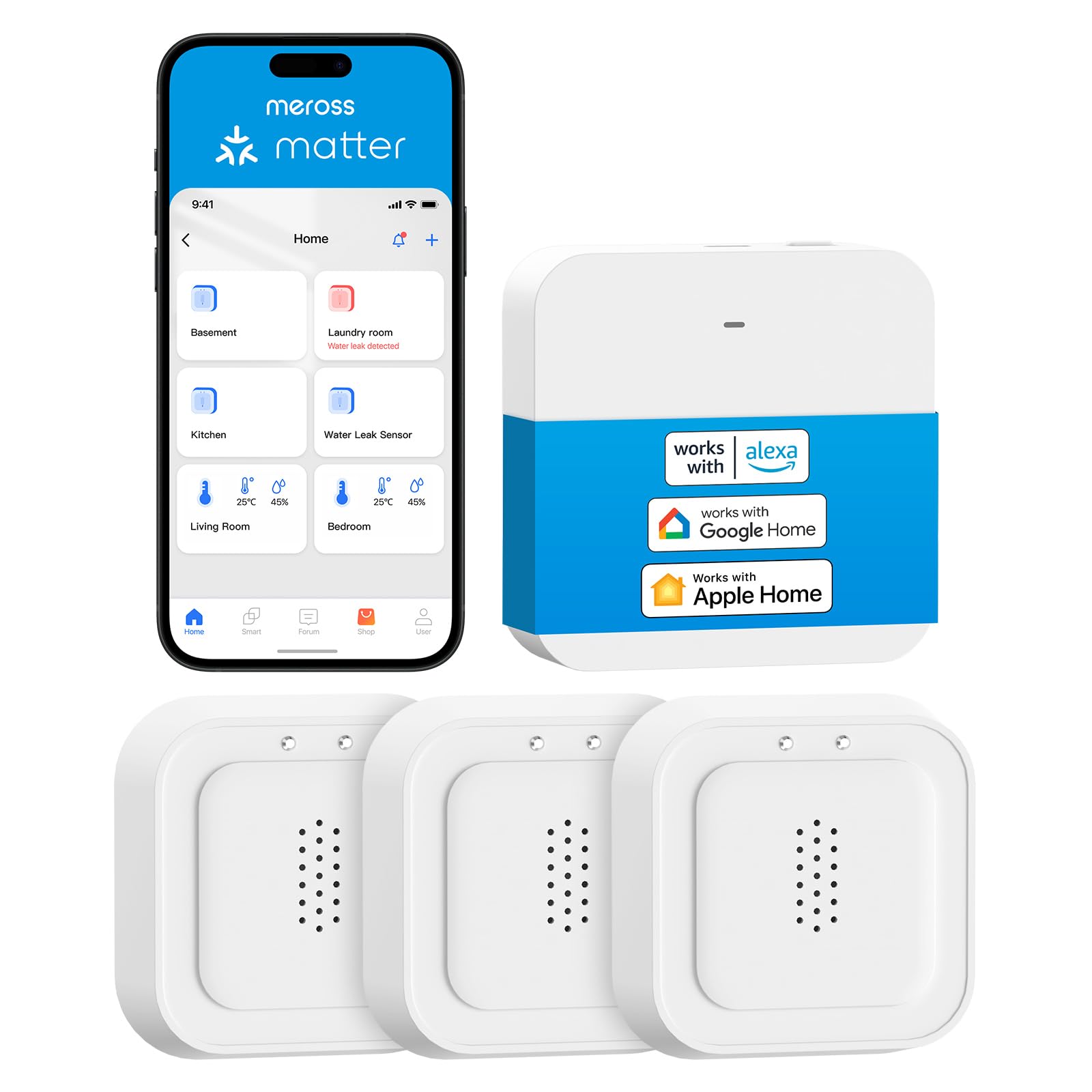 Meross Matter Detector de Agua Inteligente HUB MSH450 Incluida, 100 dB | Detector de Fugas de Agua, desviación de 0,3 mm, para cocinas, baños, sótanos, Compatible con Apple Home, Alexa y Google