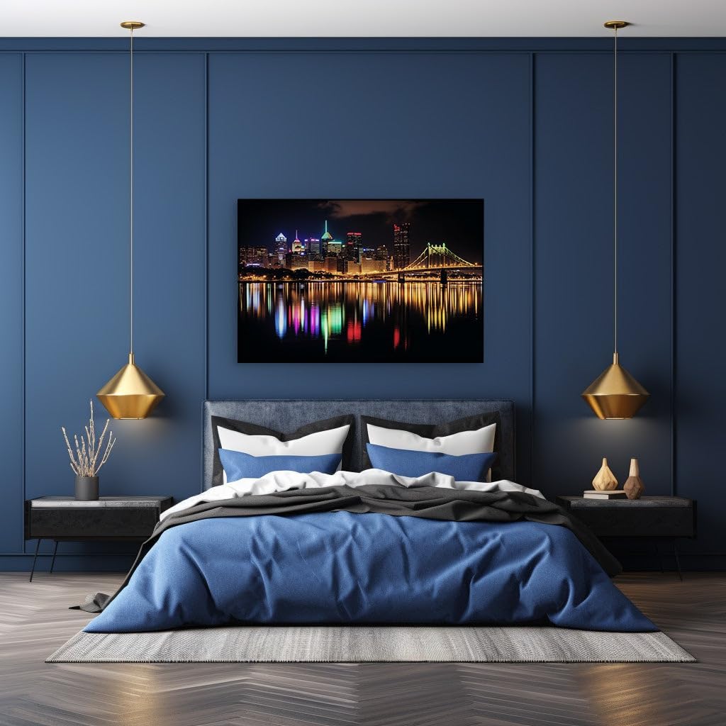 Canvas for Living room. Pittsburgh's Nocturnal Magic Glimmering Elegantly Across the Water, 27 x 18 inch Canvas Wall Art - Ready to Hang