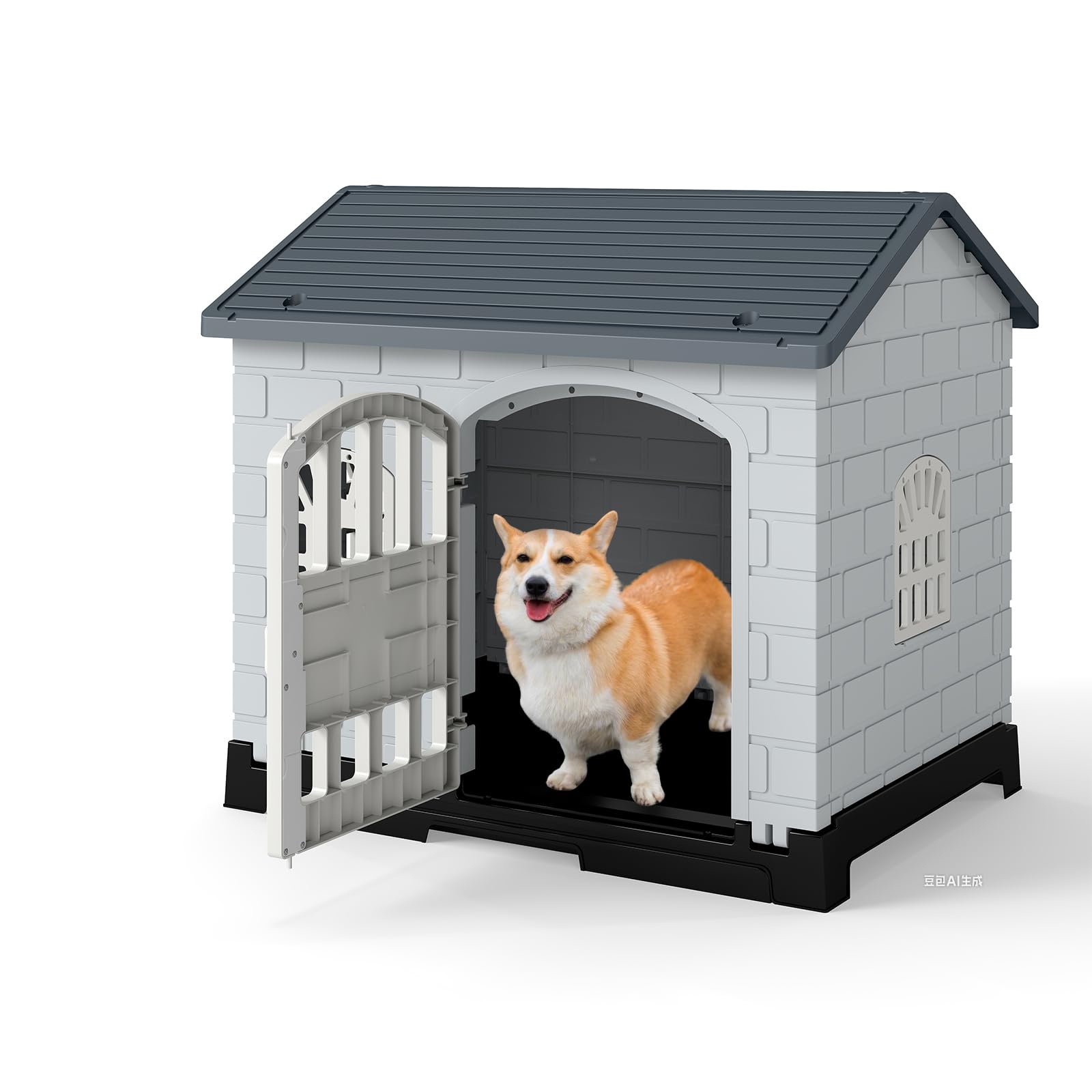 Plastik-Hundehütte, Hundehütte Welpenunterstand mit 3 Fenstern, abschließbare Tür, Schrägdach, abnehmbares Tablett, Indoor- und Outdoor-Hundezwinger für kleine und mittelgroße Hunde (Grau)