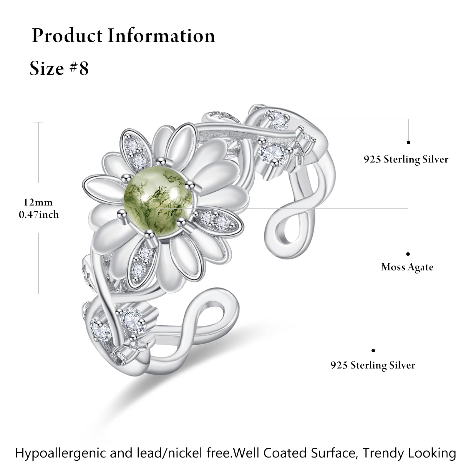 TANGPOET Anillo de plata de ley 925 con diseño de margaritas, anillo de compromiso, joyería de regalo para mujeres y mujeres, Ágata