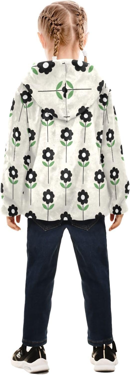 GuoChe Minimalist Black and White Floral Pattern Toddler Fleece Jacket Children's Coat