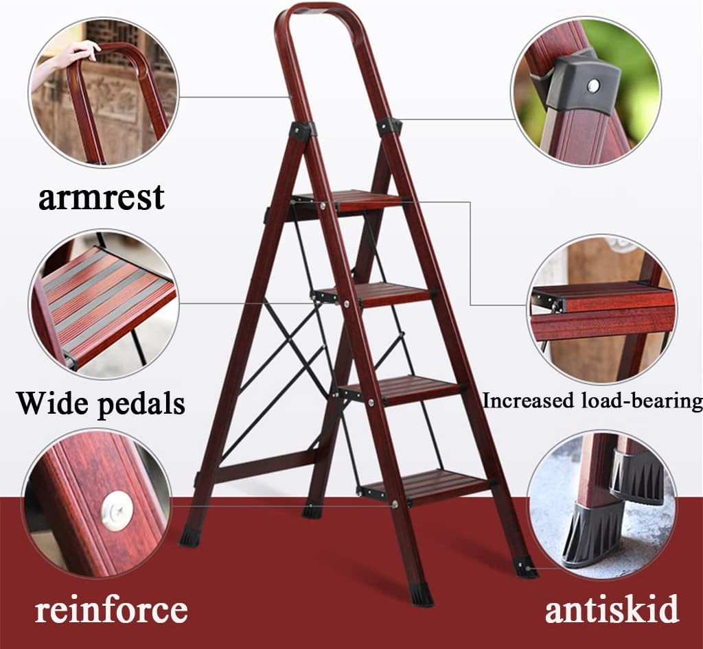 3-Step Step Ladder with Handrail Non-Slip Foot Mat Foldable Aluminum Wood Grain Face Step Stool Wide Reinforced Pedal to Firmly Bear 150kg Portable