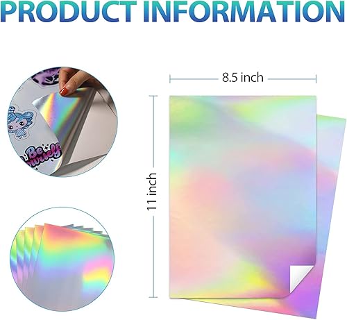 Miniatura 6 de 30 hojas de película transparente para inyección de tinta + 50 hojas de papel adhesivo de vinilo holográfico imprimible (estilo arcoíris), 8.5 x 11