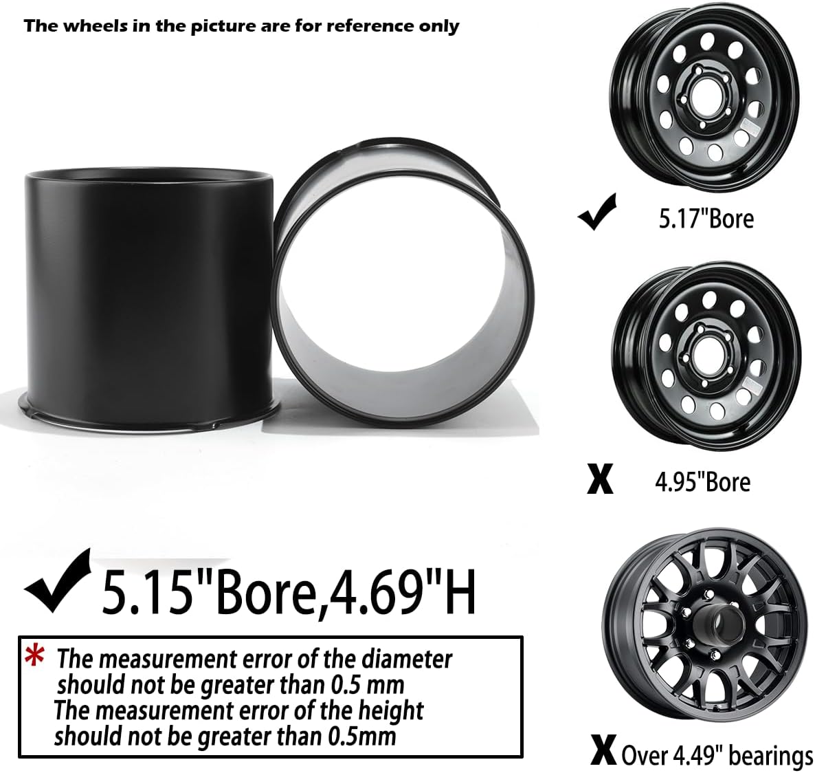 2Pcs 5.15inch Stainless Trailer Wheel Center Caps Push Through 5.15" Bore 4.69" Tall Open End Hub Cap for Truck SUV RV Wheel Rim, Matt Black Wheel Cover