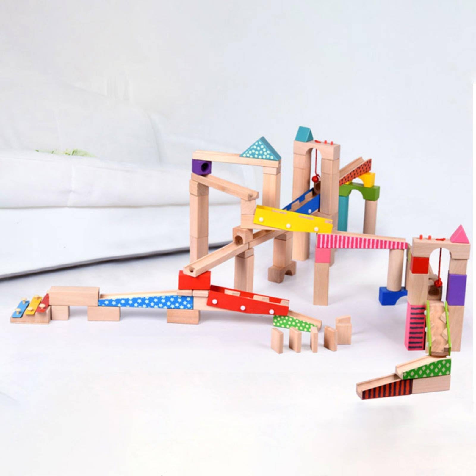 Kinder Bausteine Holz Murmelbahn Set Baukasten Kugelbahn Murmelrennbahn aus Buchenholz mit Wasserbasiertem Anstrich Stärkt Räumliche Wahrnehmung Teamspiel für Vorschulkinder Zuhause