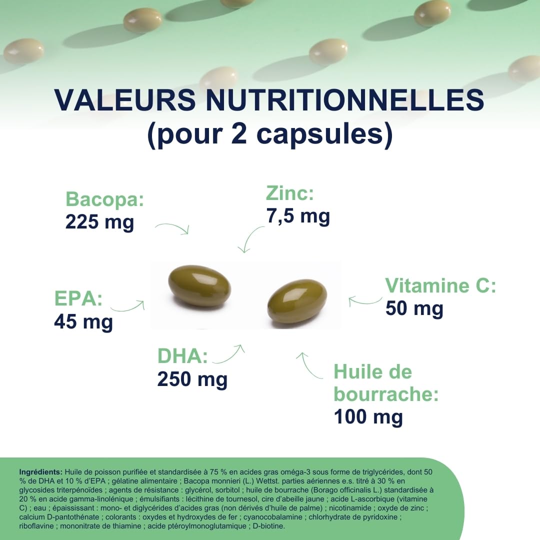 OMEGOR® Mind - Complément pour la mémoire et les fonctions congnitives - Omega 3 DHA et extrait de Bacopa Monnieri, huile de bourrache, zinc et vitamines B (60 capsule)
