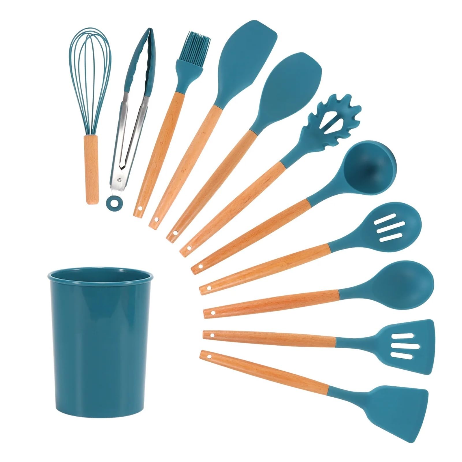 Espátula de silicona azul, cuchara, pinzas, utensilios, sopera resistente al calor, espátula antiadherente, pala con mango madera, herramienta cocina(Oil brush)