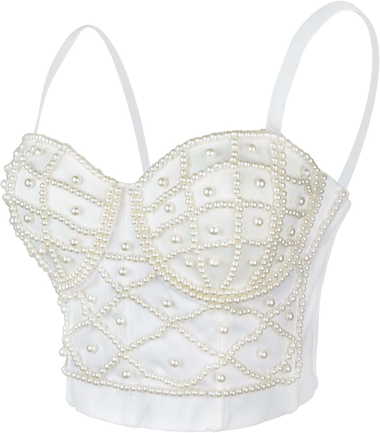 ELLACCI Sexy Pearls Beaded Bustier Corset Crop Top Club Party Cage Bra White