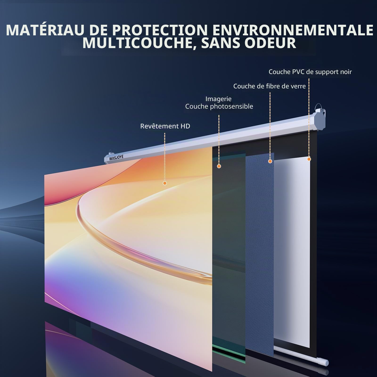 WASJOYE Écran de Projection Manuel - Universal 100" Toile Videoprojecteur Enroulable Rétractable, Projector Screen avec Verrouillage Automatique, Hauteur d'Ecran réglable, Lunette Noire Masquée