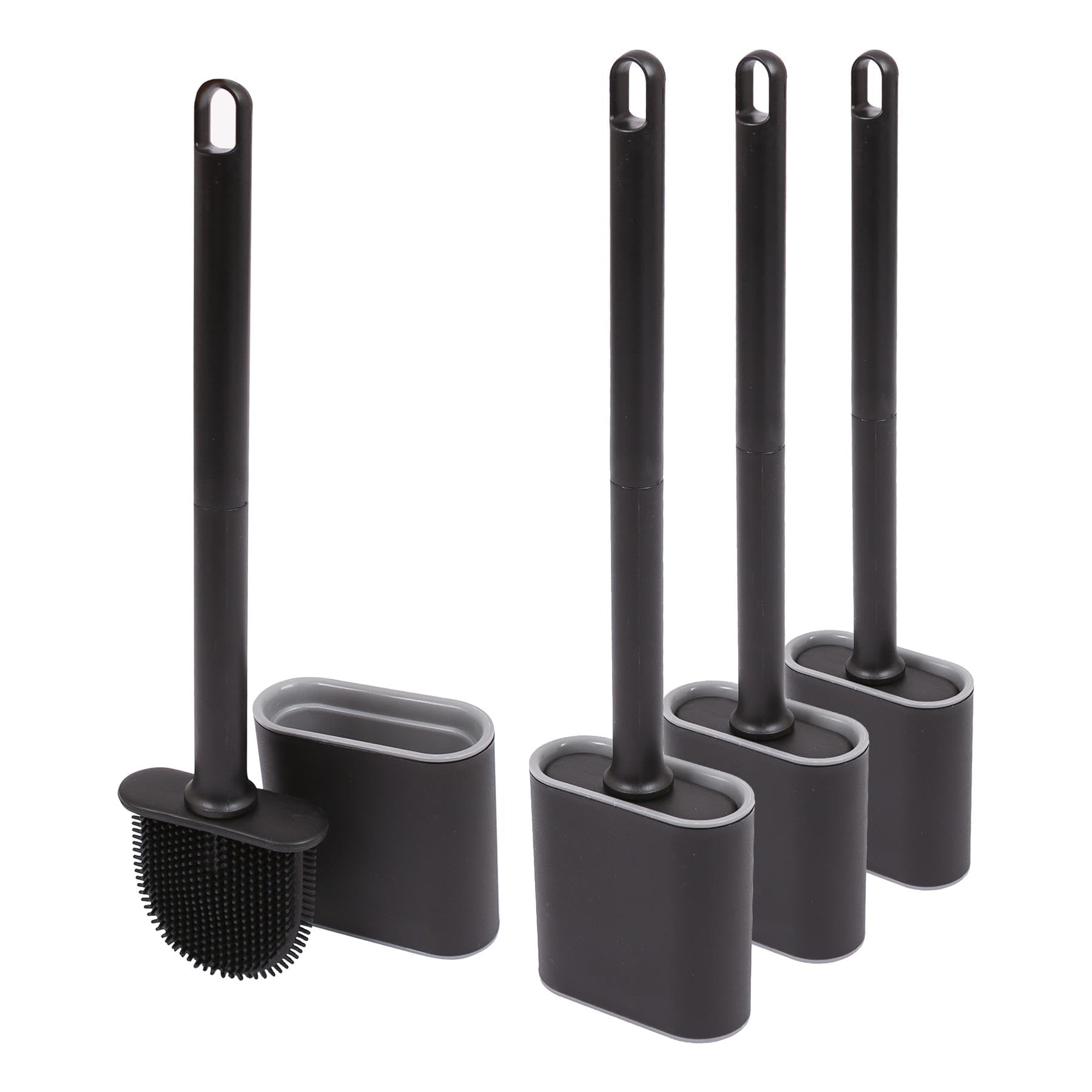 Harbour Housewares Wall-Mounted Toilet Brush & Holder Sets - Pack of 4 - Black - Silicone Brush, Slimline, Detachable, Hygienic, Space-Saving Bathroom Accessories