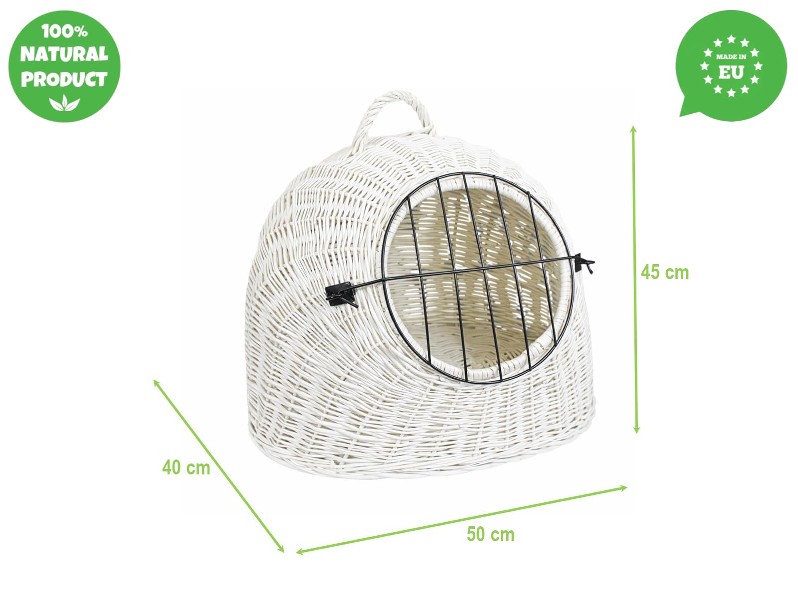 Weidenkorb Korbhöhle mit Gitter und Tragegriff – Abmessungen 50x40x45 cm – Transporthöhle – Weiße Farbe – Hersteller – Transporter ohne Kissen