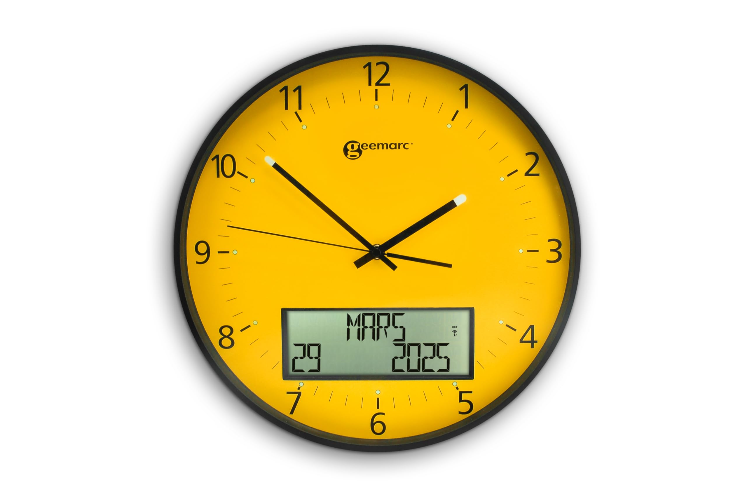 Geemarc Große analoge Wanduhr mit ewigem Kalender – Die Viso 60 stellt Sich selbst auf die richtige Uhrzeit EIN – Starker Farbkontrast für Sehbehinderte und Senioren – Gelb
