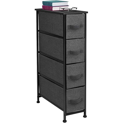 Sorbus Narrow Dresser Tower with 4 Drawers - Vertical Storage for Bedroom, Bathroom, Laundry, Closets, and more, Steel Frame, Wood Top, Easy Pull Fabric Bins (Black/Charcoal)