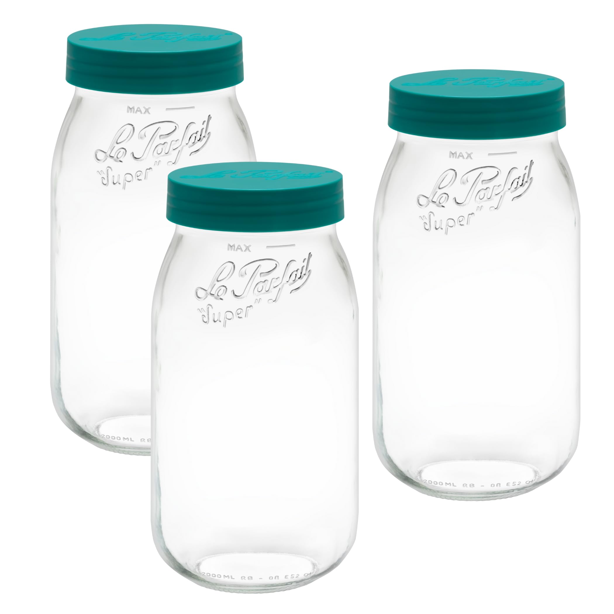 Le Parfait Französisches Glas mit Schraubverschluss, ideal für die Aufbewahrung von Lebensmitteln und Suppen, Konserven, Mehl, braunen Zucker und anderen Backutensilien (2 l, 3 Stück, Kiefer)
