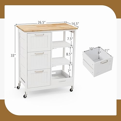 Miniatura 7 de GOFLAME Carrito de isla de cocina con ruedas, versátil carrito rodante con encimera de madera, 3 cajones, bandeja extraíble y ruedas con cerradura,