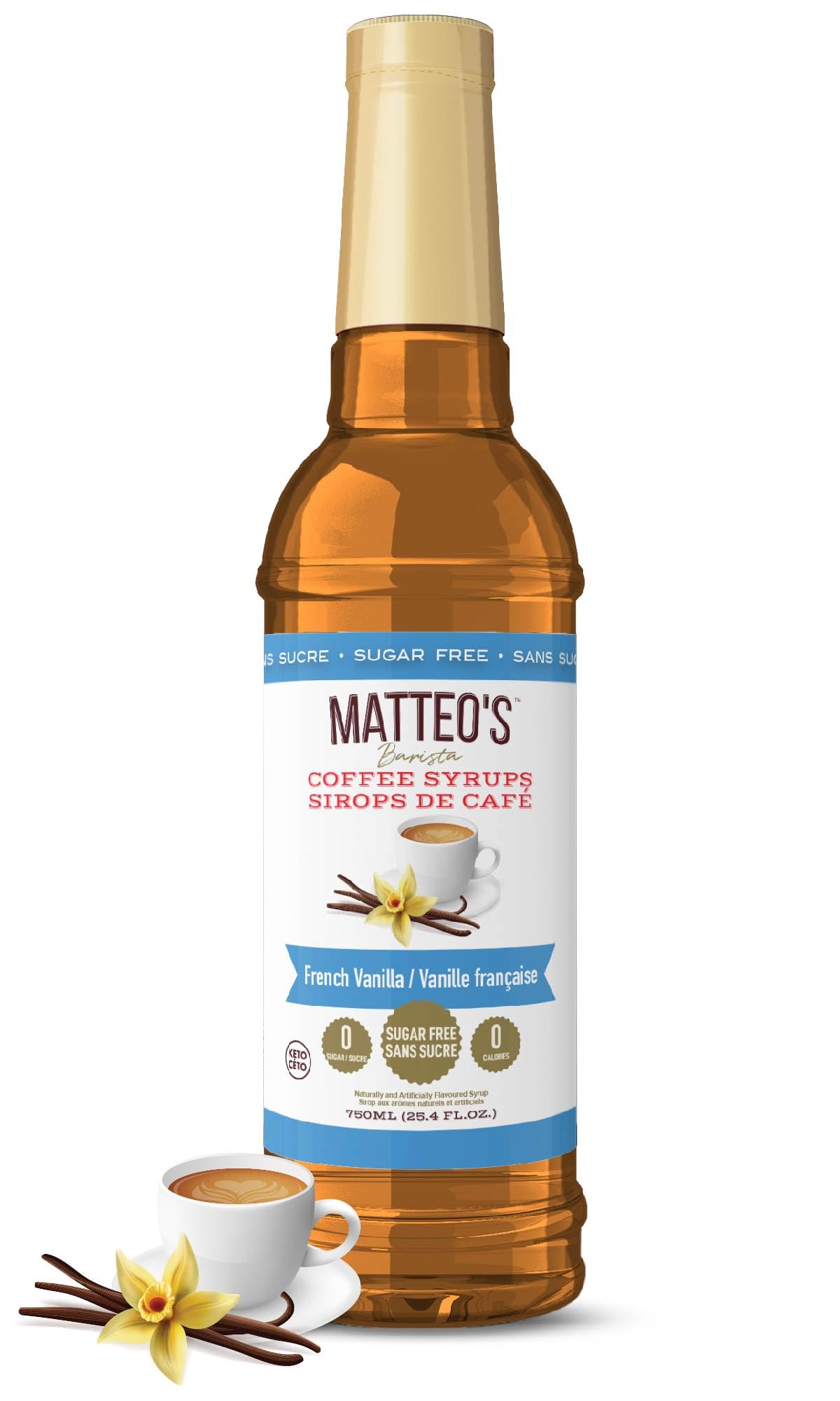 Matteo's Barista Style Sugar Free Coffee Syrup - Zero Calories Keto-Friendly Coffee Syrups & Flavors - USA-Made Kosher Sugar Free Coffee Flavoring Syrup For Home & Work (French Vanilla 25.4 Oz 1-pk)