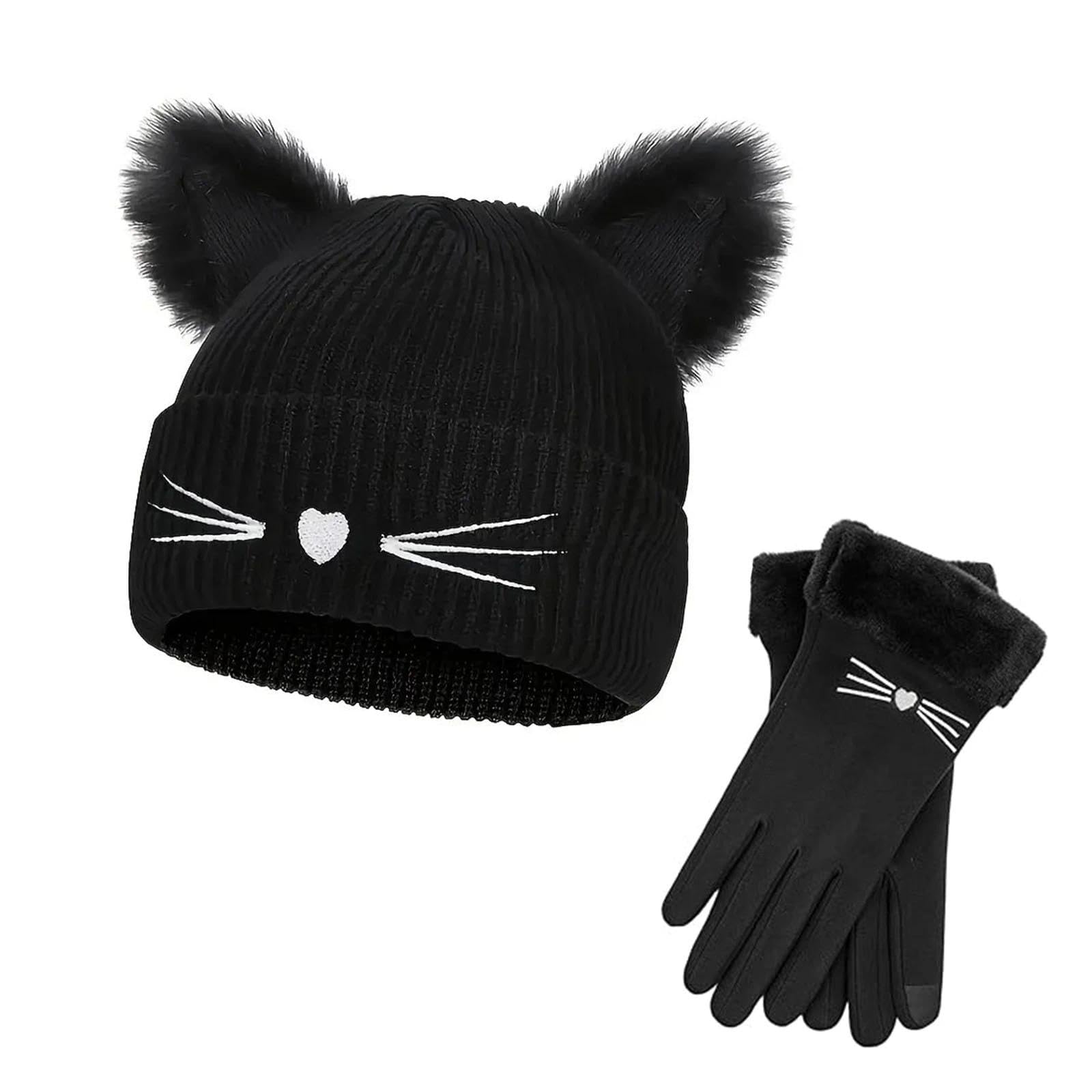 Juego de gorro y guantes con orejas de gato, bonito gorro de punto cálido para otoño e invierno, gorro de punto cálido para mujer, Navidad, fiesta de cumpleaños, clima frío, color negro