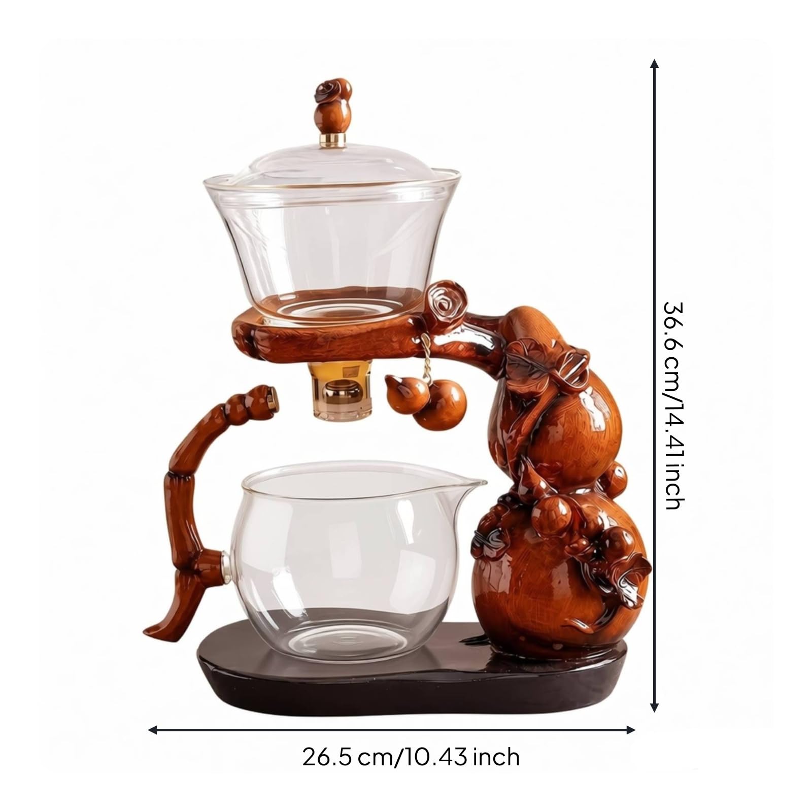 Dispositif d'Infusion Gourd Central Théière Infuseur Carafe Tasse Réceptrice en Verre Borosilicaté avec Socle Bois et Poignée Courbée Infusion Visible