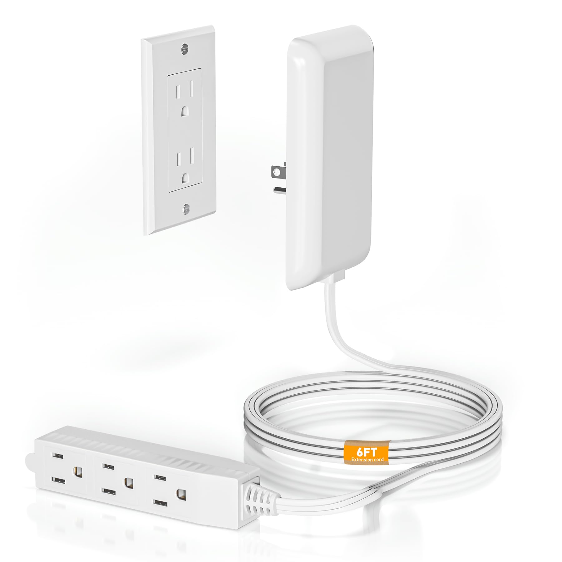 Flat Plug Extension Cord - 6 Outlets Power Strip with Detachable Ultra-Thin Outlet Cover, 6FT Cord, Universal Size, 13A 125V 1625W, ETL Listed, White - Ideal for Home, Office, Living Room (6FT)