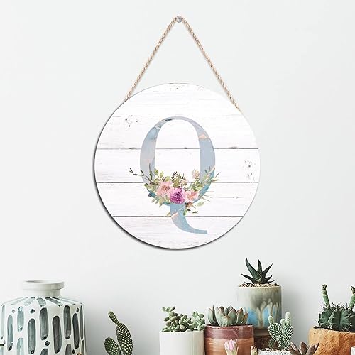 Vista 101 de Welcome Sign Front Decor Initial Letter B Round Wood Sign Monogram Purple Floral Wooden Plaque Blossom Floral 10in Country Wood Hanging Signs for