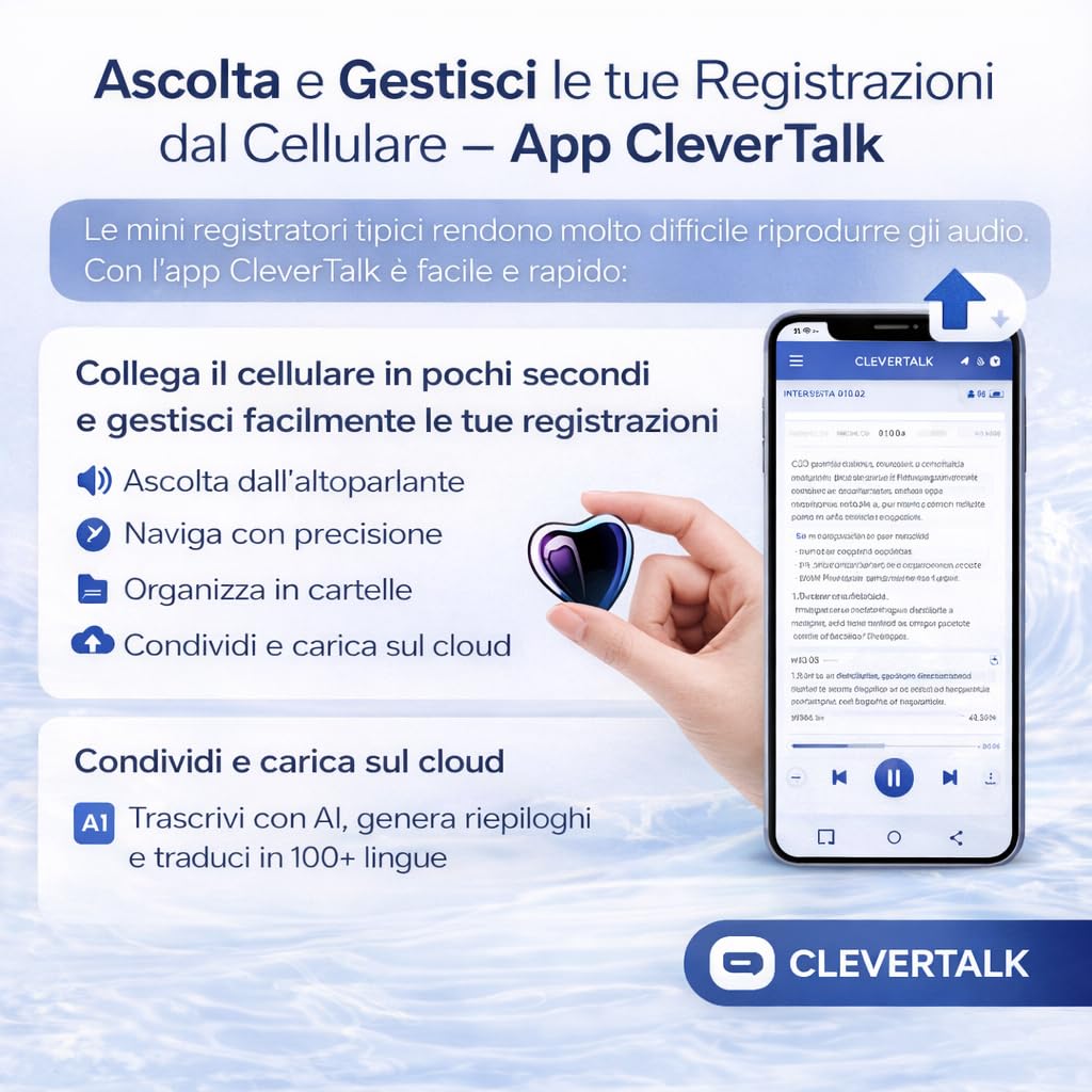 CleverTalk Heart Registratore Vocale con IA | Attivazione Vocale | App Mobile, Mac, Windows e Web | Cloud Europeo GDPR | 64GB | Audio HD 1536kbps | USB-C