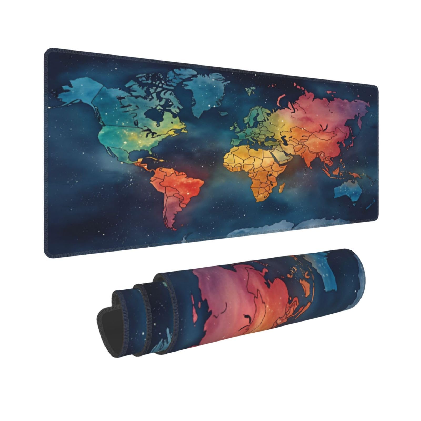 World Map XXL Gaming Mouse Pad 31.5 X 12 in, Extended Large Desk Mat for Keyboard and Mouse, Non-Slip Rubber Base, Waterproof Stitched Edges Mousepad for Computer, Office & Gaming