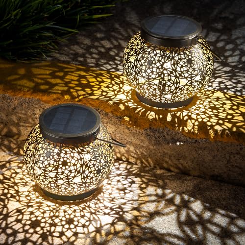 Leidrail Solarlaternen für den Außenbereich, 2 Stück Hängend Metall Solarlampen, Warmweiß LED, Balkon Deko, Gartendeko für Draußen Wetterfest, Weihnachten, Balkon, Terrasse