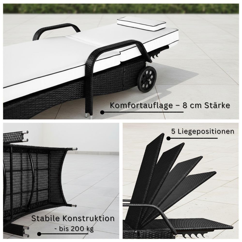 RS Trade Sonnenliege Gartenliege Wetterfest Rattan – XXL Relaxliege extra breit mit Rollen & Armlehnen, Verstellbar, bis 200kg, Outdoor Liege für Garten, Terrasse & Balkon, schwarz mit weißer Auflage