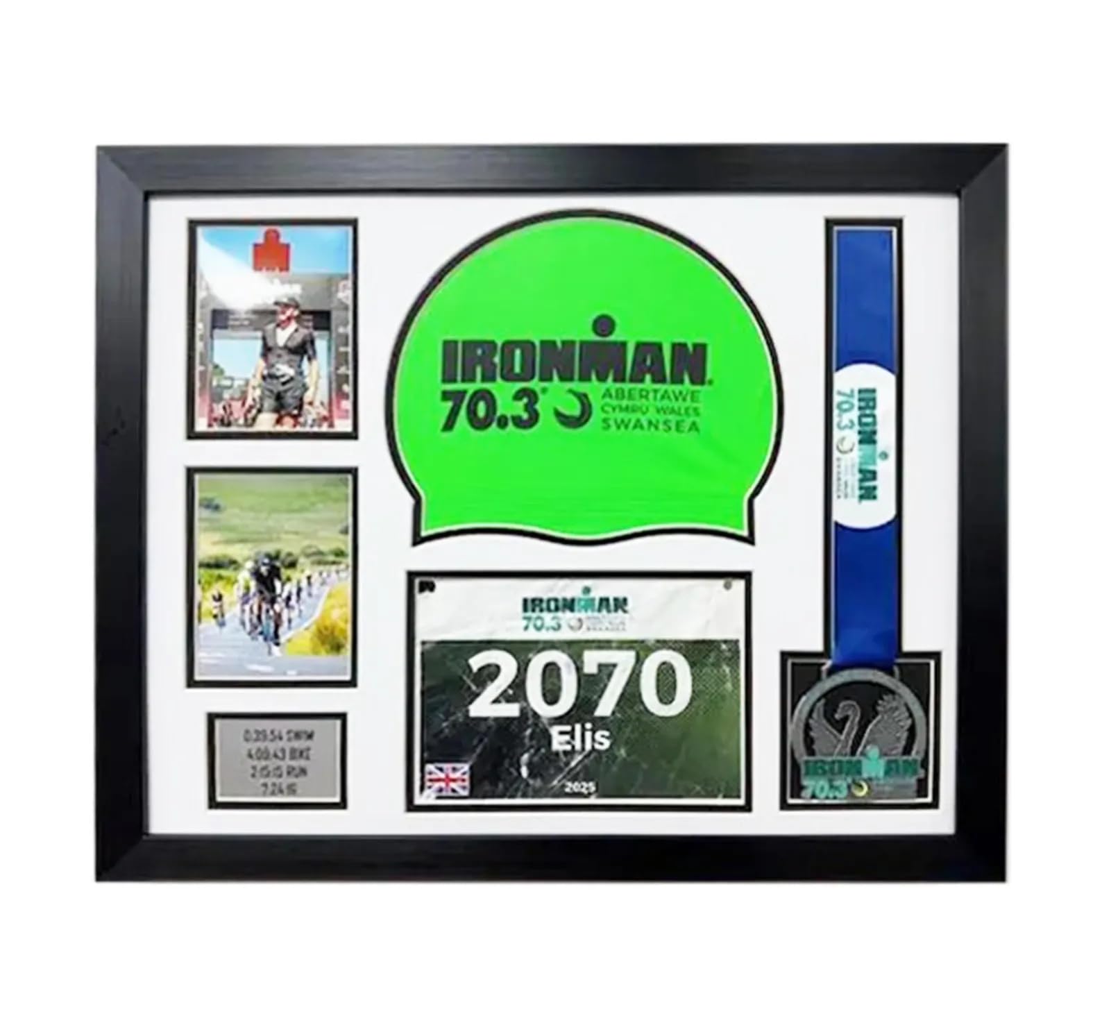 Kwik Picture Framing Ltd Triathlon Medal Frame 22x18 Inch with Swim Cap, Bib Holder & Photo Display, 3D Shadow Box Ironman Memorabilia Case - White Mount