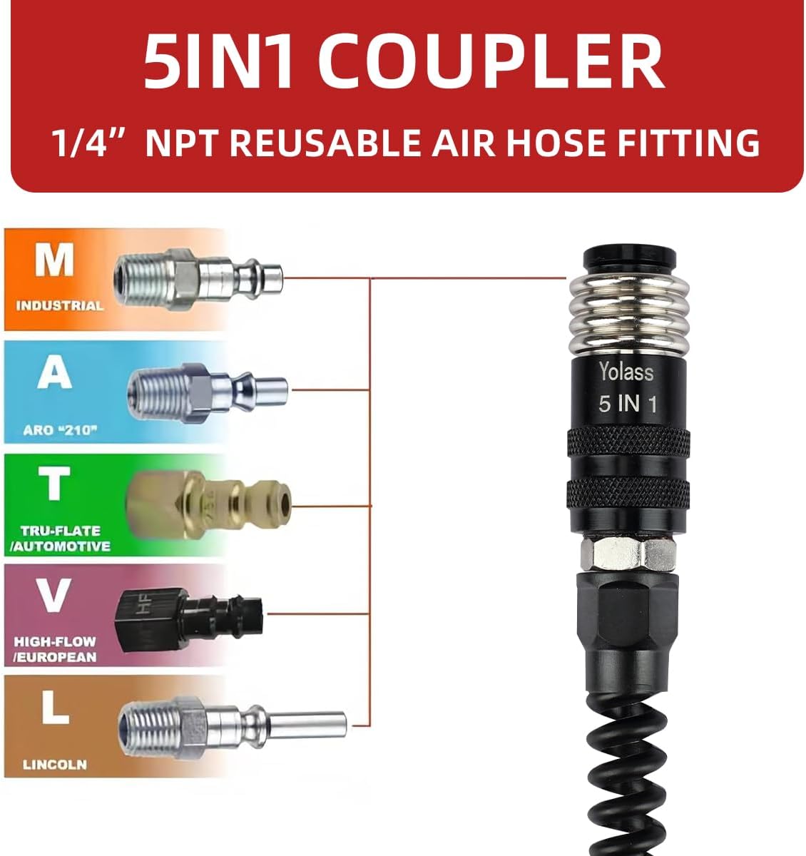 Yolass 5 In 1 Universal Quick Industrial Air Coupler, Air Hose Fittings, 1/4" FNPT Flexible Bend Restrictor, Reusable Air Hose Fitting, Air Compressor Accessors Fitting (2 Piece)