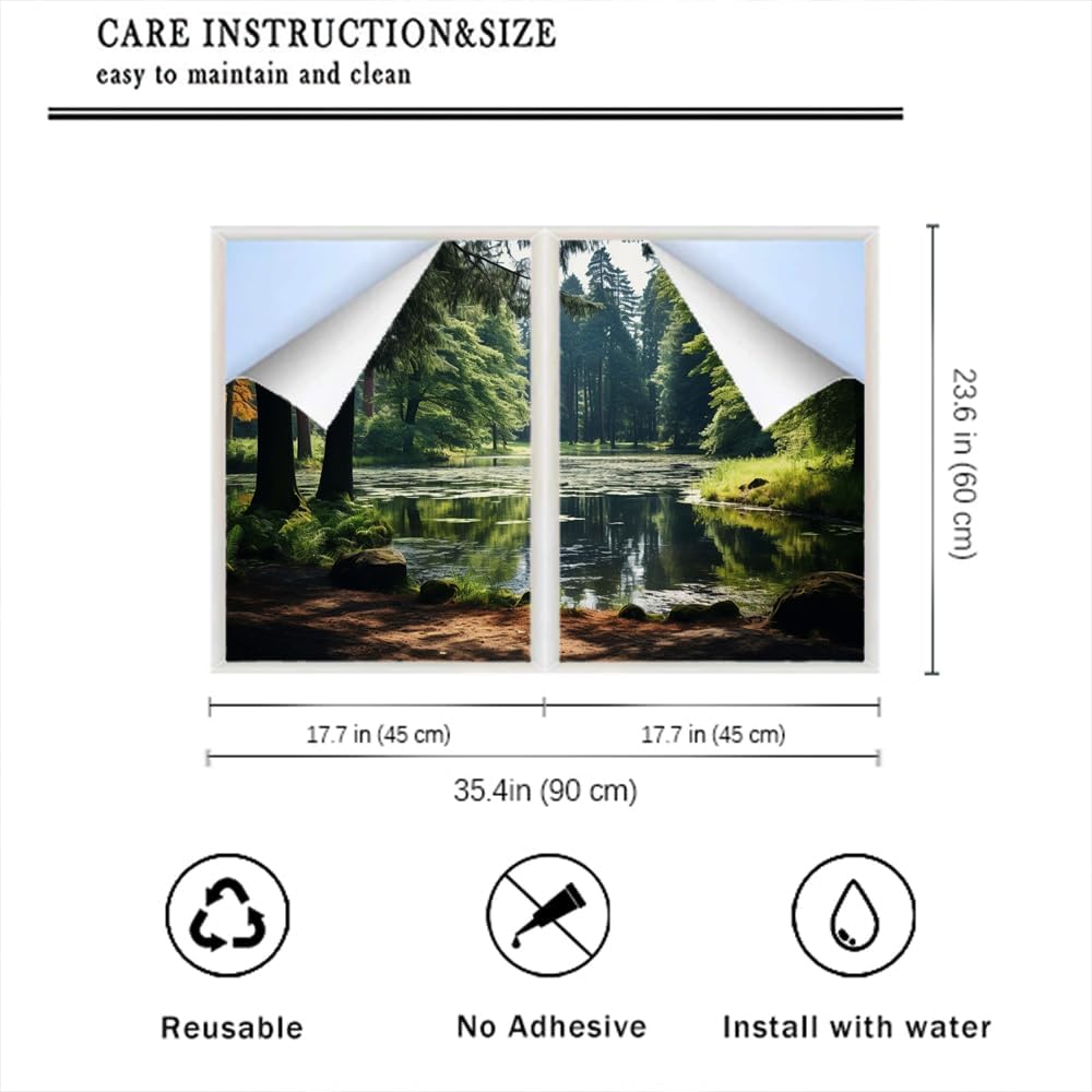 Secluded Forests Stained Glass Window Film Green Nature Scene Rustic Style Privacy Window Film Glass Door Covering Non-Adhesive Window Stickers for Room Kitchen 17.7Wx23.6L-inch x2 Pcs