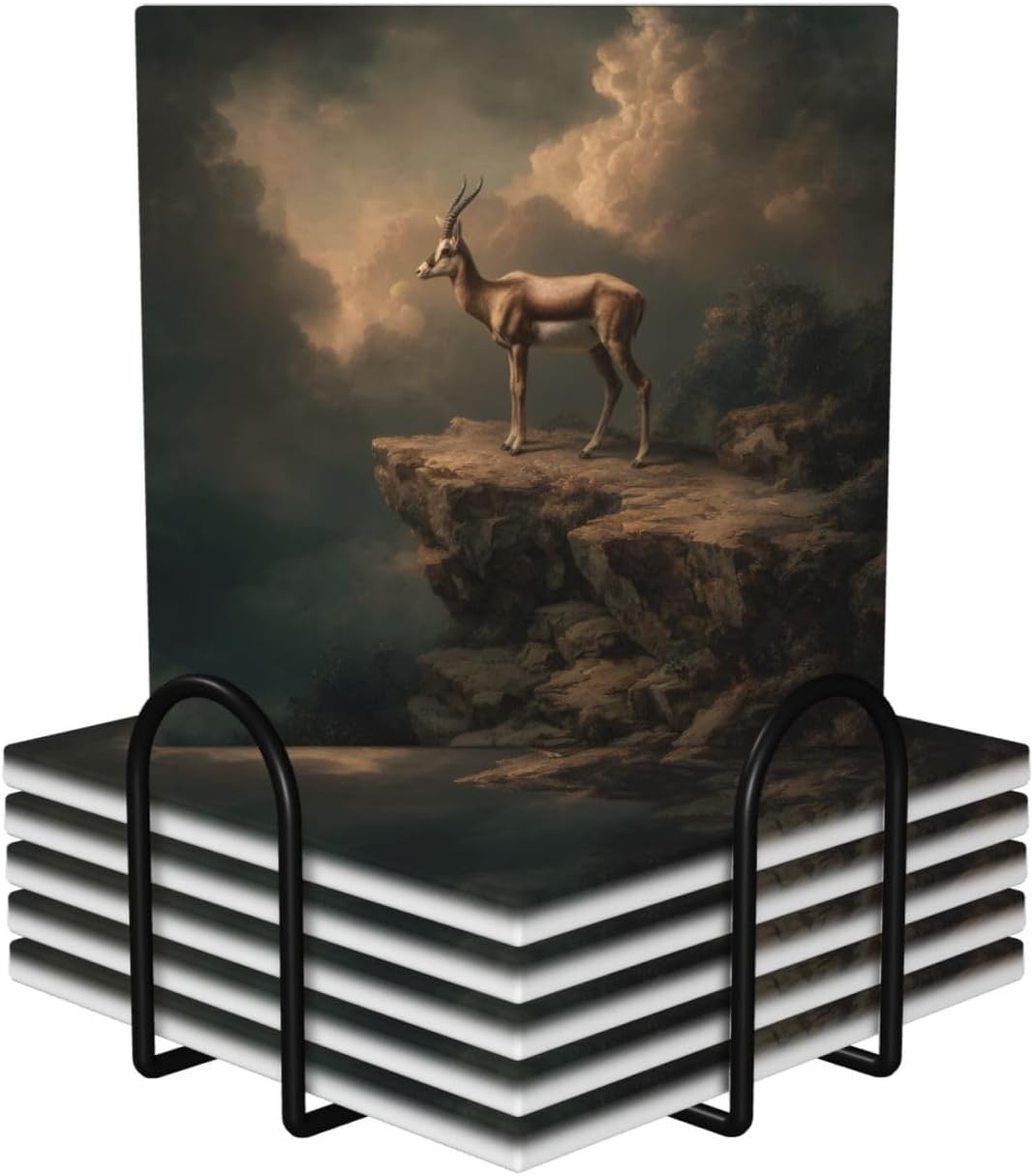 (Antelope) Ceramic Coasters Set of 6 with Holder Non-Slip Square Coffee Coasters for for Cup Mug Drink Patio Coffee Table Decor, Christmas Coasters Home Bar Supplies