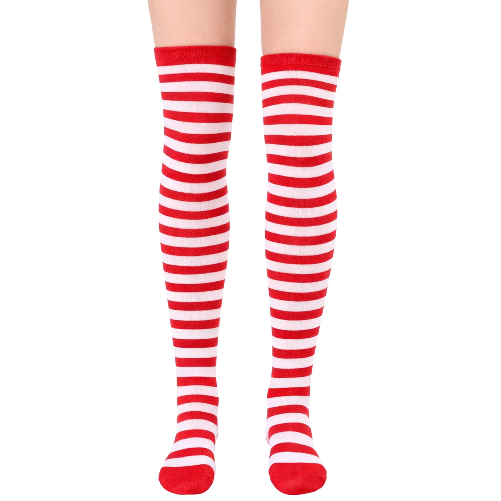 FACHOI Christmas Thigh High Socks, Striped Over Knee High Socks Women Long Striped Over Knee Stockings for Women Girls Xmas Cosplay Dress Up Accessories F4-XTGXW (Red white)