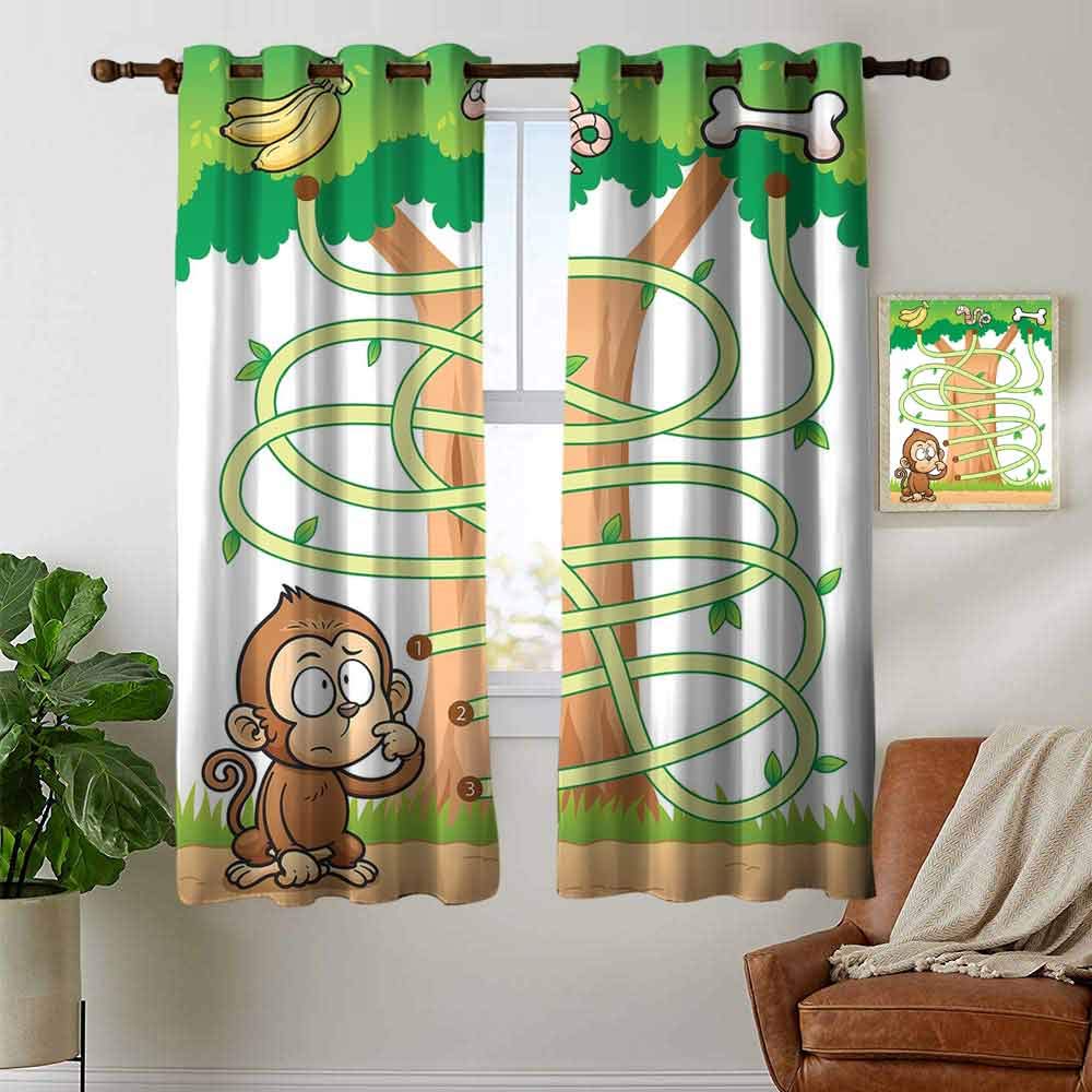 Kids Activity 100% blackout lining curtain Curious Monkey Trying to Reach the Banana Maze Design Pathway Funky Forest Full shading treatment kitchen insulation curtain W84 x L108 Inch Multicolor