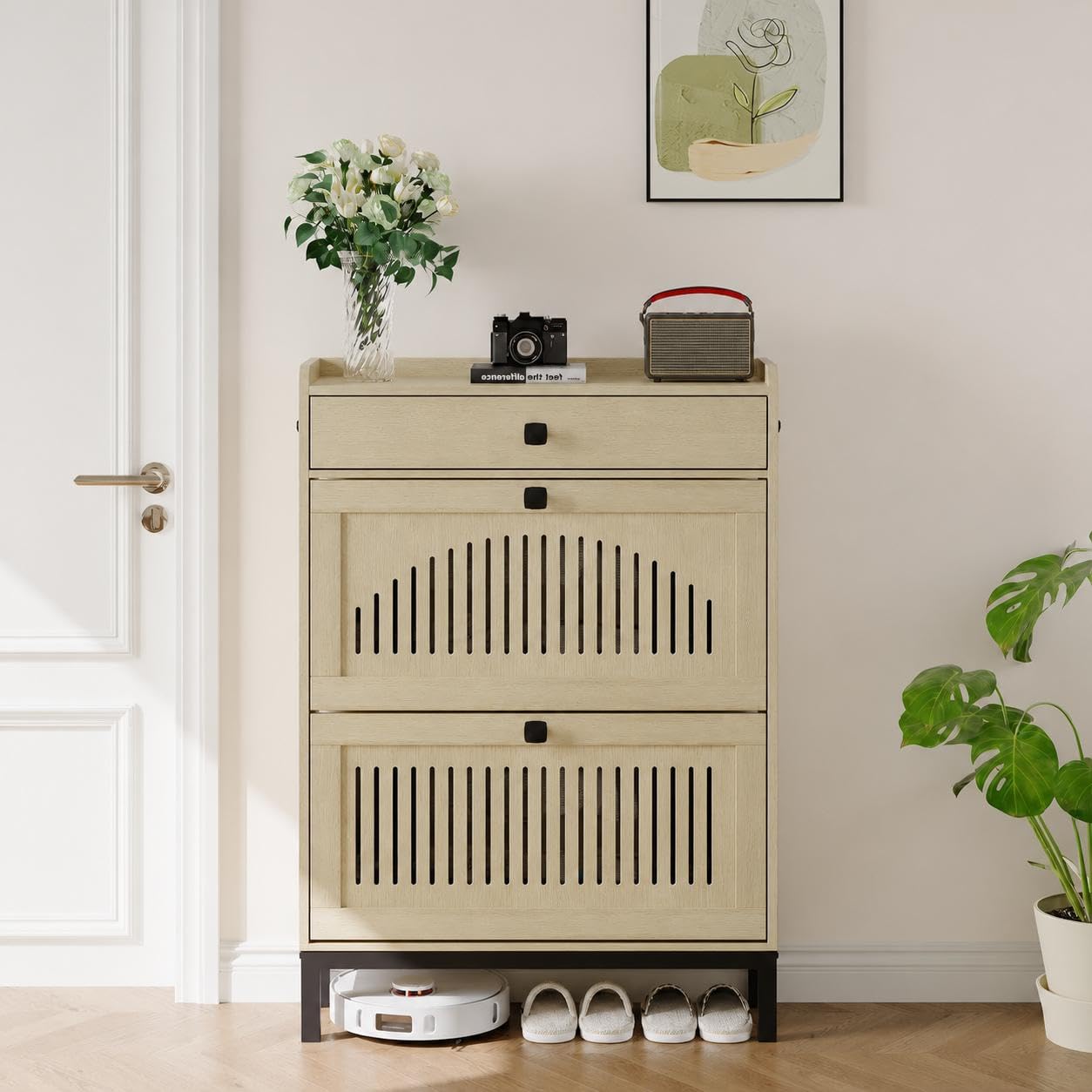 Zstar Armoire à Chaussures 2 tiroirs rabattables, étagères réglables, Grand Rangement dissimulé, en Bois indépendant pour entrée, Couloir ou Salon — Bois Naturel.