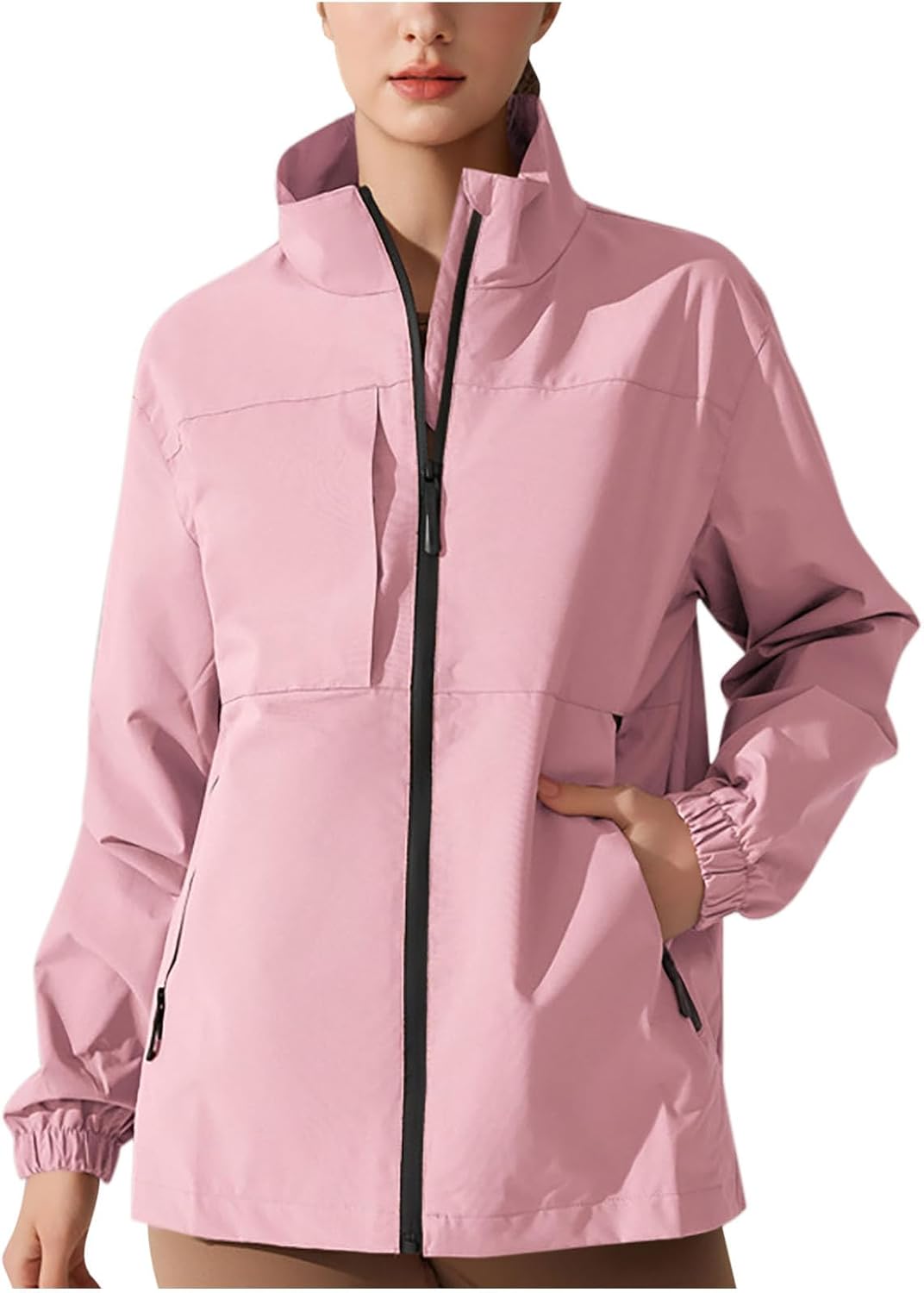 Women Stand Collar Waterproof Rain Jacket Lightweight Windproof Windbreaker | rain coat for women waterproof travel jacket with hidden pockets black rain jacket rain coats with plus size women packable