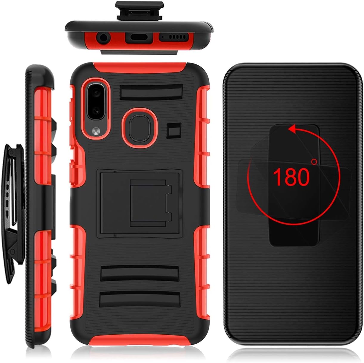 Aetech Phone Case for Samsung Galaxy A10e Case with 2 PCS Tempered Glass Screen Protector Belt Clip Kickstand Heavy Duty Durable for Women Men Girls Boys (Red)