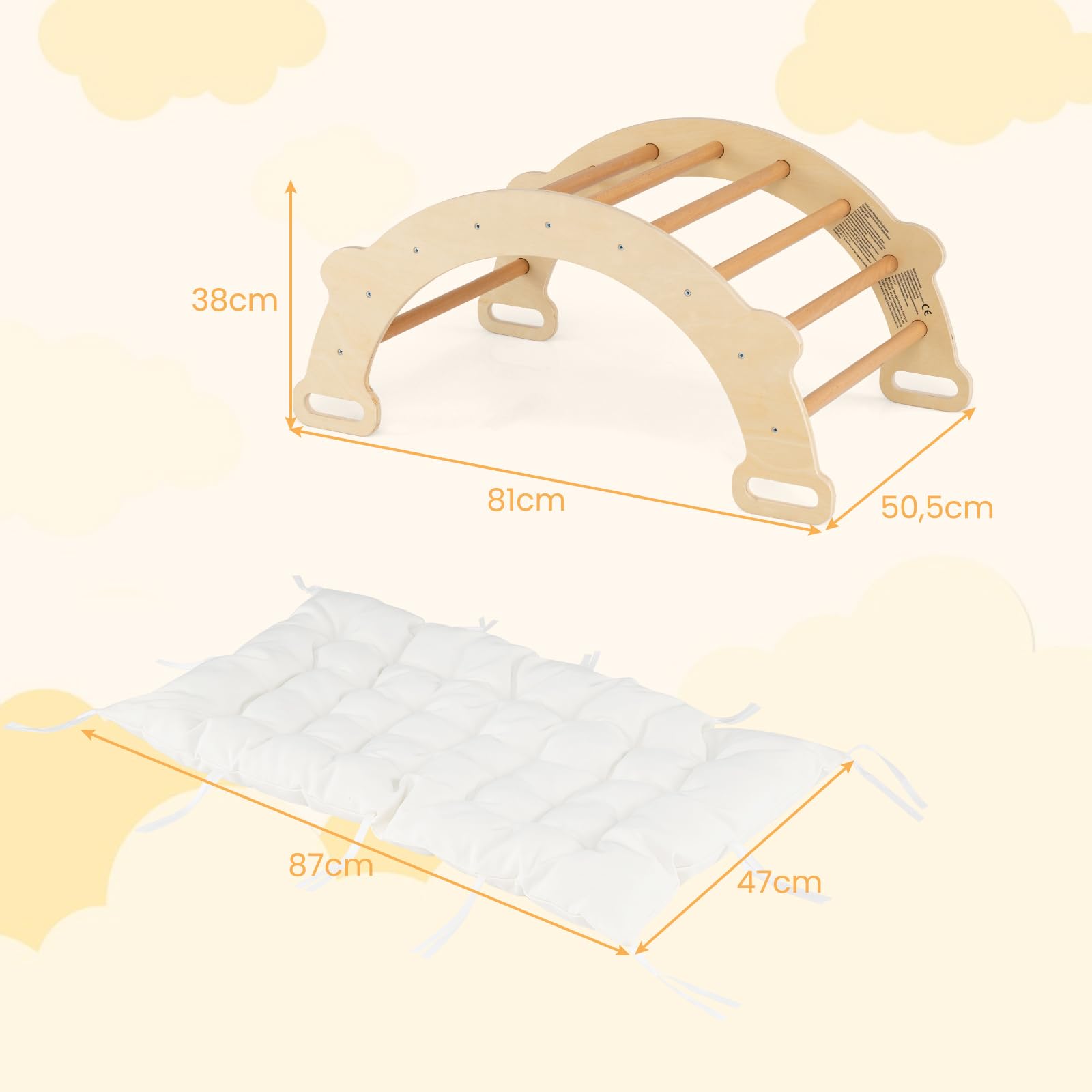 RELAX4LIFE 3 in 1 Arco da Arrampicata per Bambini con Cuscino Morbido, Triangolo da Arrampicata in Legno, Tunnel per Gattonare, Altalena da Interno per Bambini 1+ Anno, 81 x 50,5 x 38 cm (Naturale)