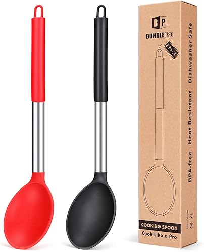 Paquete de 2 cucharas de cocina de silicona grandes antiadherentes sólidas, resistentes al calor, utensilios de cocina para mezclar servir (negro y disponible en Yaxa Venezuela