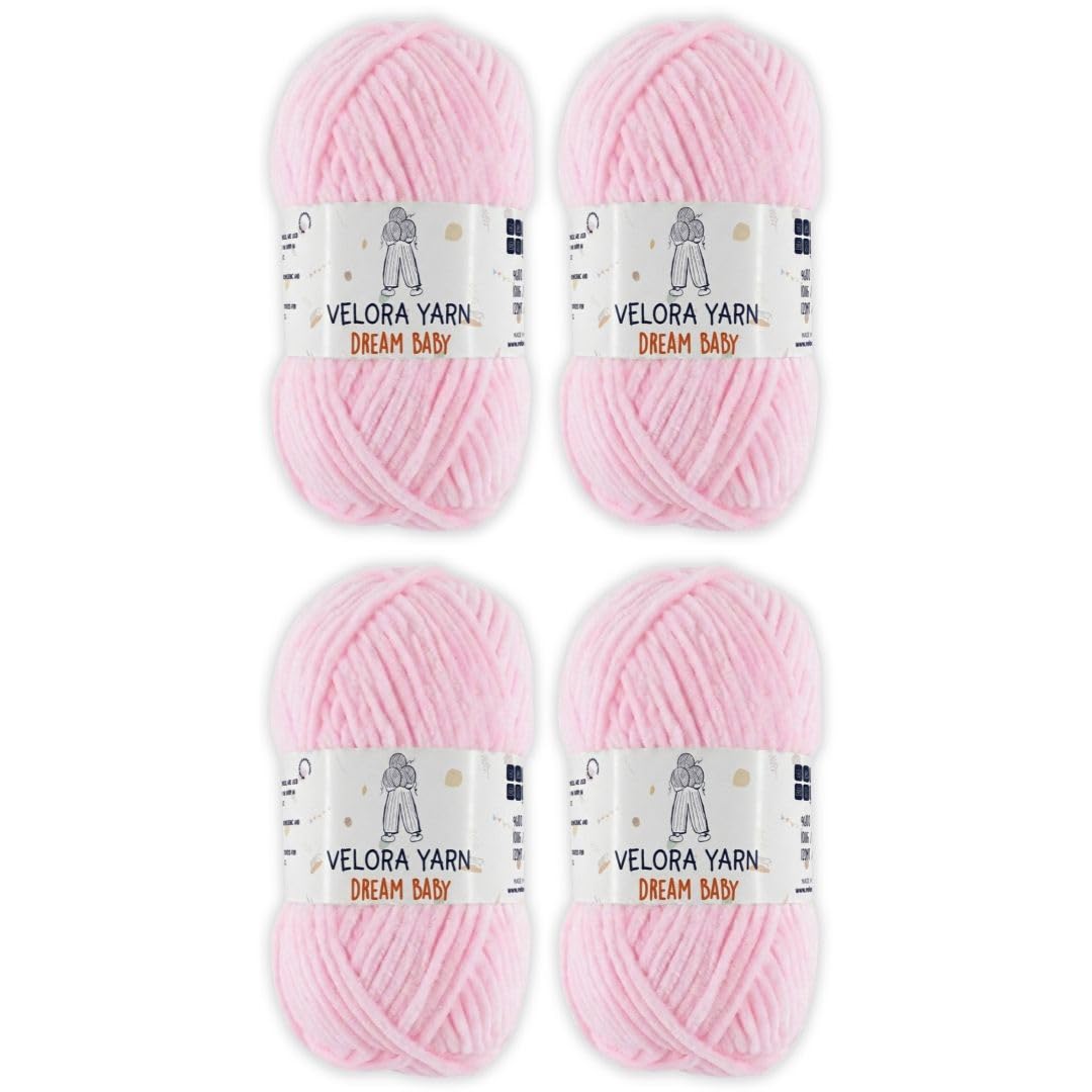 Velora Dream Baby Chenille Yarn Soft Thick Chunky Yarn Skein 100g 120m, Machine Washable for Knitting&Crochet Blanket, Amigurumi, Scarf, Hat,Sweater,Plushies (VY004-Baby Pink (Light), Pack of 4)