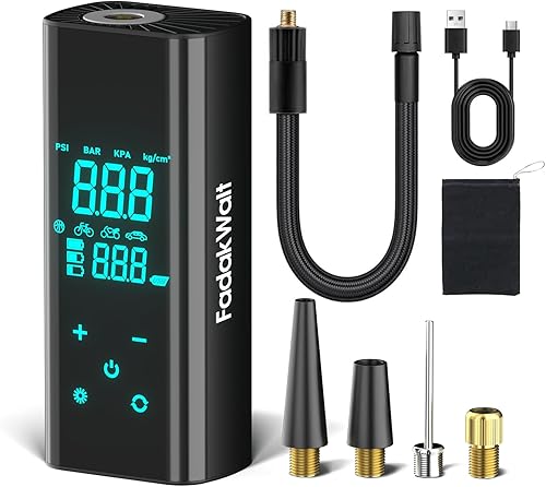 FADAKWALT Inflador de neumáticos, compresor de aire portátil, bomba de aire inalámbrica de 150 PSI con medidor de presión digital, luz LED, apagado