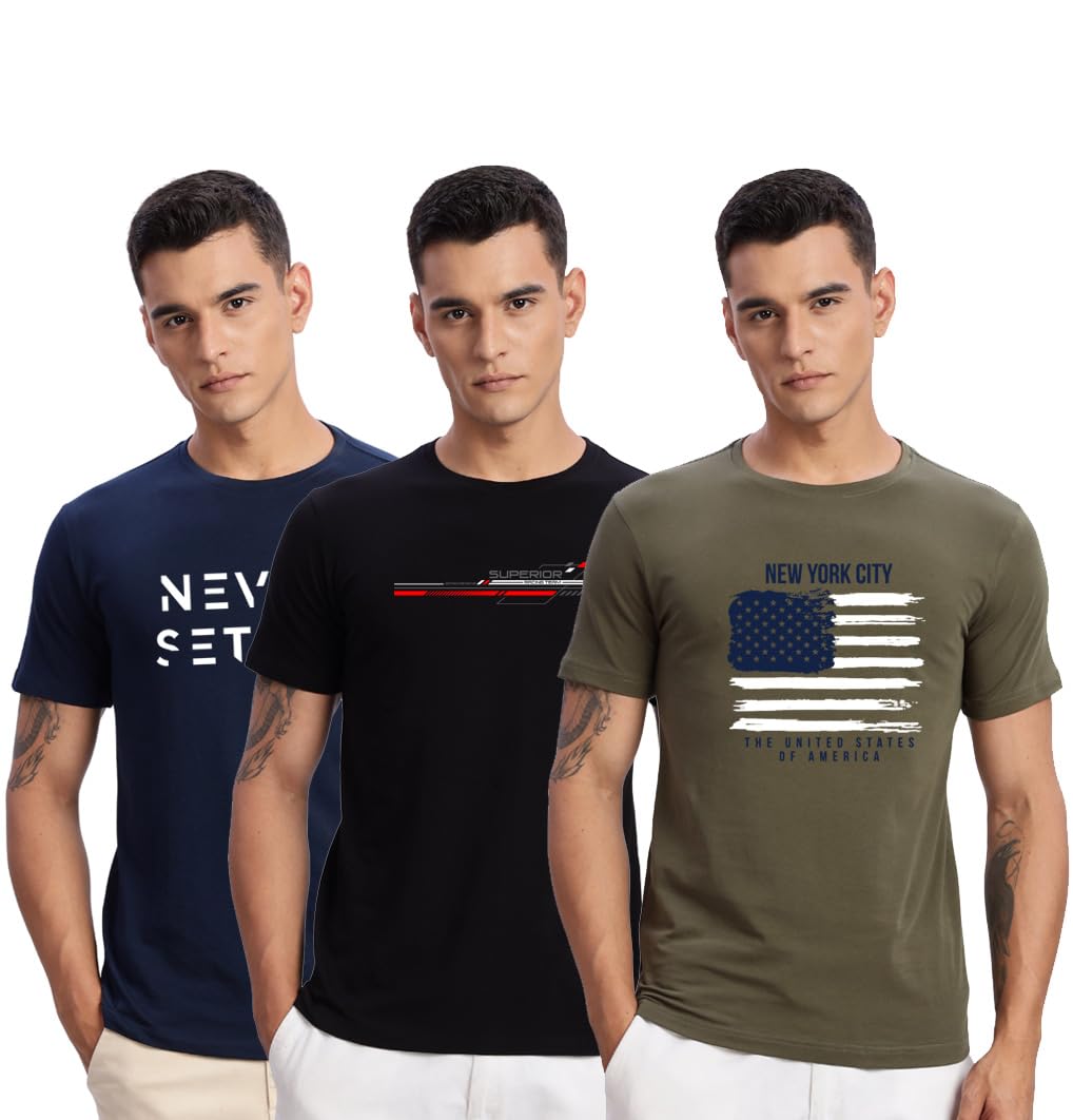 ADRO T-shirt męski ze 100% bawełny Lycra, prosty krój, koszulka z nadrukiem, okrągły dekolt i średni rękaw, koszulka męska