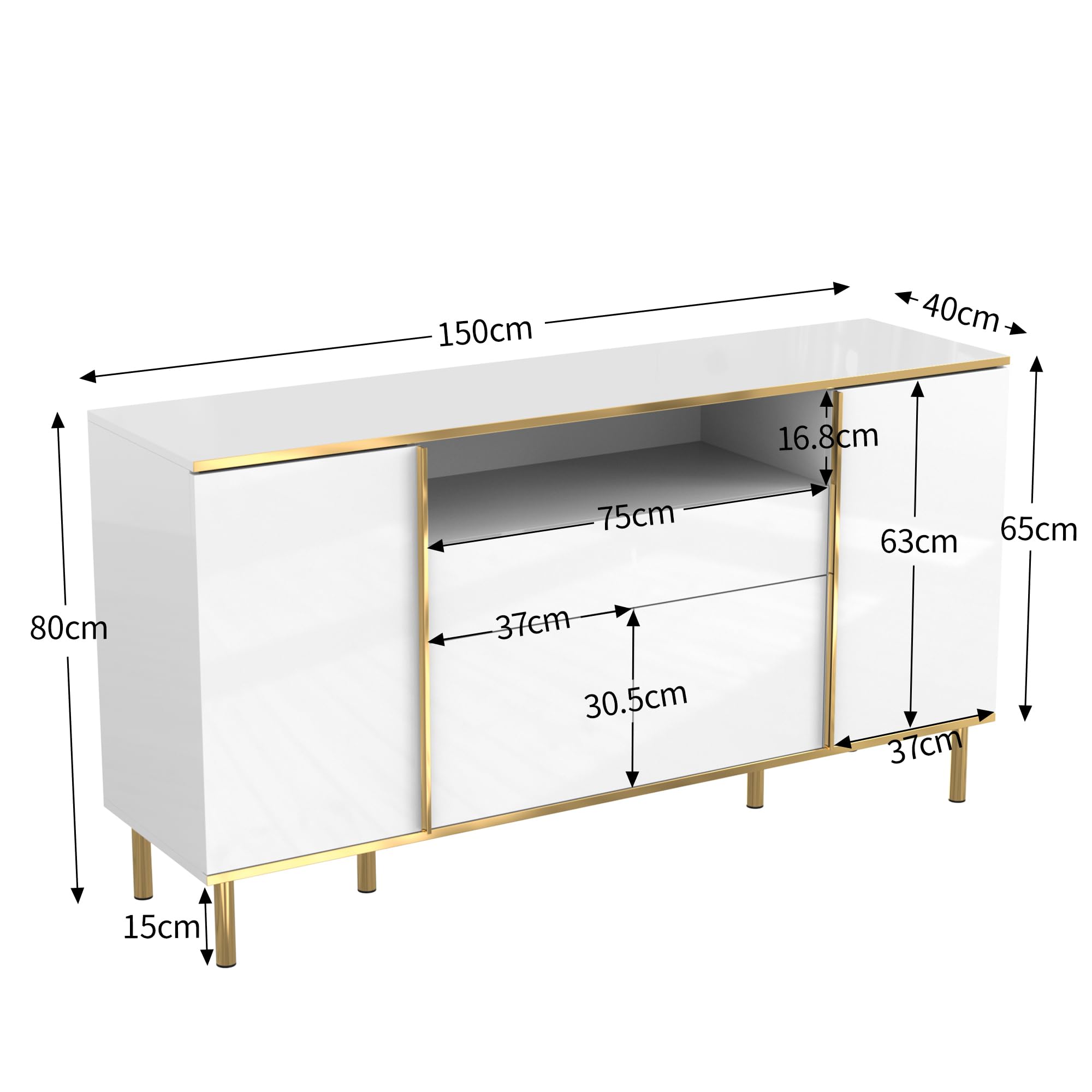 Azkoeesy Credenza 150 cm con LED per soggiorno, Bianco lucido con oro, 4 ante e 1 cassetto, apertura a pressione, mobile TV, cassettiera, per sala da pranzo e cucina